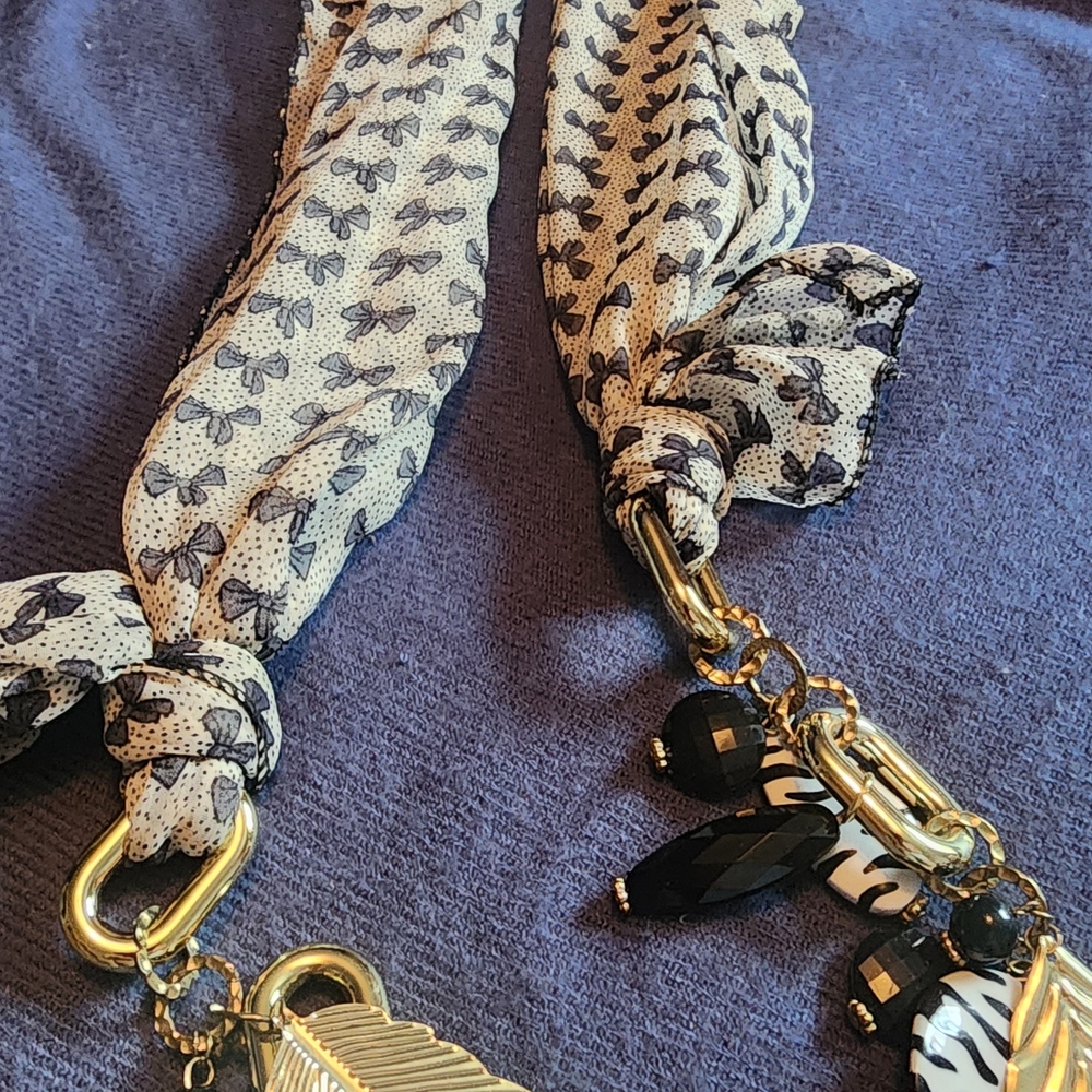 Scarf Necklace with Black Bead & Gold Charm - Women Accessories